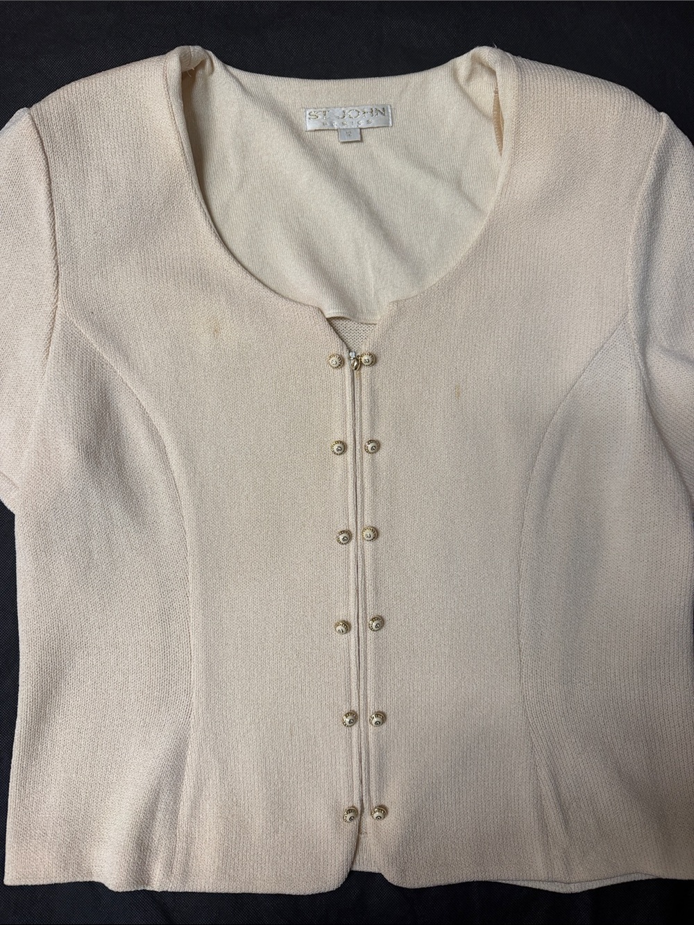 St. John Cream Knit Button-Trim Short Sleeve Cardigan